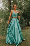 Simple A Line Two Pieces V Neck Satin Prom Dresses Cheap Formal STKPQ87T2TL