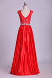 2024 V-Neck Lace Bodice Prom Dresses Satin PBBN14FL