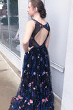 Gorgeous A Line Bateau Blue Floral Tulle Long Prom Dresses, Cheap Formal Dresses STK15234