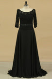 2024 Black Mother Of The Bride Dresses 3/4 Length Sleeve A Line Chiffon & Lace Sweep PPRLCCX8
