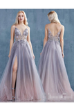 See Through Jeweled Glitter A-Line Prom Dress With High Slit Deep V Neck Long Formal STKPX9EQ898