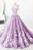 Ball Gown Off the Shoulder V Neck Tulle Lavender Beads Prom Dresses, Quinceanera Dresses STK15562