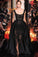Luxury Pearls Prom Dresses Split Spaghetti Black Lace Formal Dresses Evening Gown