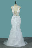 2024 Wedding Dresses V Neck Mermaid Tulle With Applique And PL65QQLP