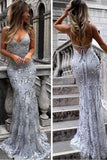 2024 Sexy Backless Gray Sequin Lace Mermaid Long Evening P6869CJQ