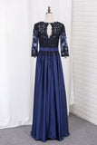 2024 A Line Prom Dresses 3/4 Length Sleeves Scoop Chiffon With Black Applique P8487QQH