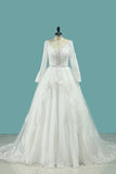 2024 Long Sleeves V Neck Wedding Dresses Ball Gown Tulle With Applique & Beading PS95C2LM