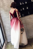 A Line Spaghetti Straps Ombre Long Tulle Prom Dresses, Burgundy V Neck Evening Dress STK15029