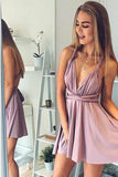 A-Line Deep V-Neck Backless Short Blush Pleats Open Back Convertible Homecoming Dress