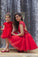 A line Red Cap Sleeves Tulle Lace High Neck Above Knee Open Back Homecoming Dresses
