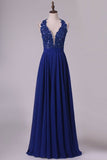 2024 Chiffon V Neck A Line With Applique And Beads Prom Dresses Open PKC7TGYN