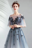 A Line Half Sleeves Tulle Long Ombre Prom Dress with Appliques Blue Evening Dresses STK15001