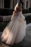 Princess Long Puff Sleeves Off the Shoulder Tulle Wedding Dresses, Beach Wedding Gowns STK15298