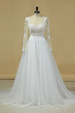 2024 Boat Neck Wedding Dresses A-Line Long Sleeves PQEYRXYM