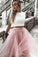 A-Line Tulle Bateau Lace Ivory Cap Sleeve Knee-Length Pink Two Piece Prom Dresses
