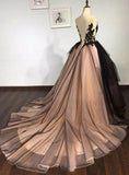 Black Lace V Neck A Line Tulle Formal Prom Dress Long Lace up Ball Gown Evening Dresses