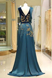 A Line V Neck Green Floor Length Satin Prom Dress with Backless Sequins Beading