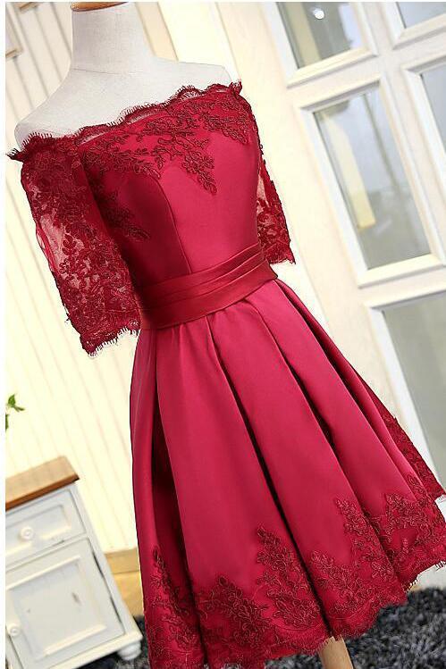 A Line Short Sleeves Satin Lace Appliques Lace up Scoop Short Prom Dress Homecoming Dresses
