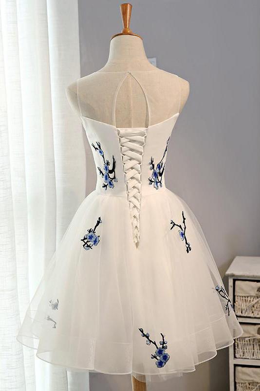 A Line Tulle Ivory Lace up Open Back Scoop Flowers Knee Length Homecoming Dresses