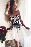 A-Line V-Neck White Sweetheart Satin Above Knee Homecoming Dress with Black Appliques