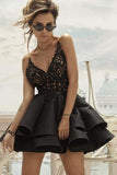 A Line V Neck Lace Layered Black Top Lace Short Homecoming Dresses with Spaghetti Straps