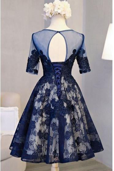 A Line Scoop Navy Blue Knee-length Tulle Short Sleeve Homecoming Dress with Open Back