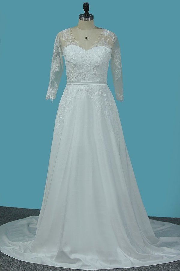 2024 V Neck 3/4 Length Sleeves Chiffon Wedding Dresses With Applique P98YAEB9