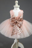 Cute Lace Pink V Back Flower Girl Dress with Bowknot, Round Neck Child Dresses STK15574