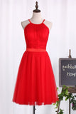 2024 Halter Bridesmaid Dresses Tulle With Ruffles And Sash PPZG5RNJ