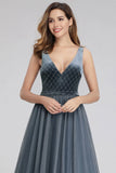 A-Line V-Neck Sleeveless Blue Floor-length Evening Dress Cheap Prom Dresses STK15055