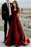 Elegant A Line Red Spaghetti Straps Satin Prom Dresses with Pockets, Evening STK20410