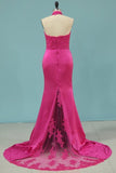2024 Bridesmaid Dresses Halter Mermaid Satin With Applique PMED9NFS