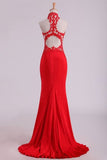 2024 Red High Neck Open Back Prom Dresses With Applique Sweep PA75B5ZT