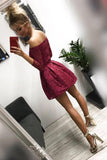 Cute Off the Shoulder Long Sleeves Burgundy Lace Homecoming Dresses Sweet 16 Dresses STK14972