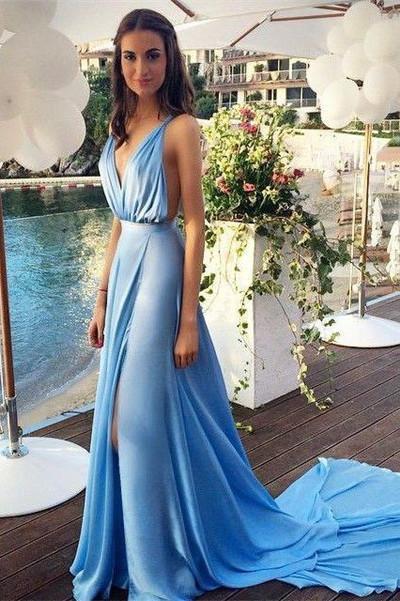 Long Prom Dresses blue Prom Dress chiffon Prom dress sexy backless prom Dress