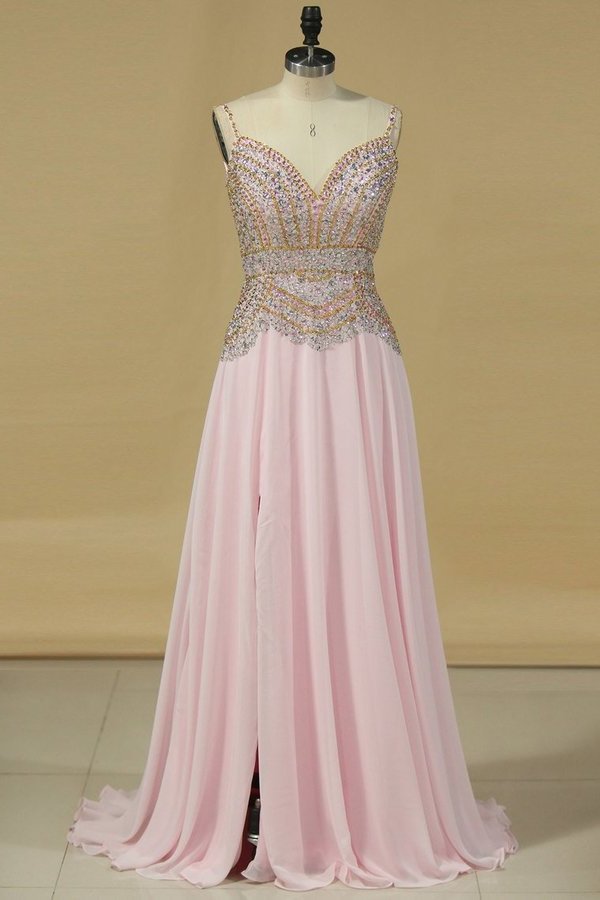 2024 Spaghetti Straps Prom Dresses A Line With Beads PL7FRFT2