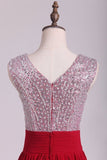 2024 V Neck A Line Sequined Bodice Prom Dresses Chiffon PPXQ9LSF