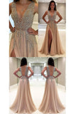 2024 Tulle Prom Dresses A Line V Neck With Beads And P18P6LNK
