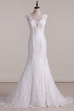 2024 Lace V Neck Open Back Mermaid Wedding Dresses PHR42DA1