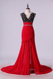 2024 V-Neck Mermaid Prom Dresses With Ruffles & Black Applique PBFQX9X7