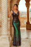 Sexy V Neck Sequin Evening Dress with Thigh High Slit Straps Green Long Prom Dresses STK15367