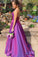 A Line Grape Spaghetti Straps Satin V Neck Long Prom Dresses Backless Evening Dresses STK15488