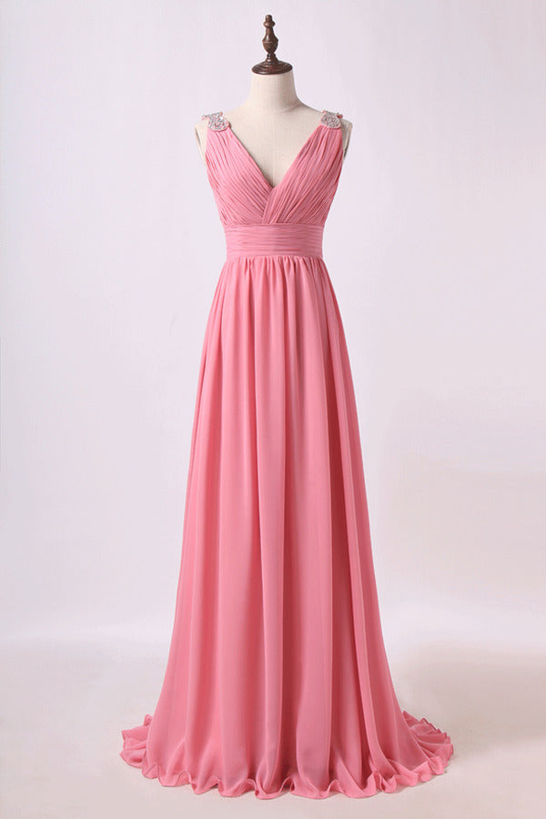2024 V Neck A Line Chiffon Bridesmaid Dress With Beads PN9JYZKT