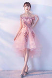 Pink Lace Tulle Short Prom Dress Off-the-Shoulder Appliques Lace up Homecoming Dresses STKPST13190