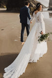Charming A Line Long Sleeves V Neck Lace Ivory Beach Wedding Dresses, Bridal STK20395