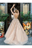 A Line Bateau Neckline Beadings Sash Prom Gown Champagne Appliques Lace Up Back Prom STKP9H7T9ZJ