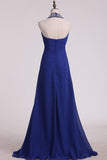 2024 Dark Royal Blue Halter Bridesmaid Dresses Chiffon With Beading Floor PG66KP3B