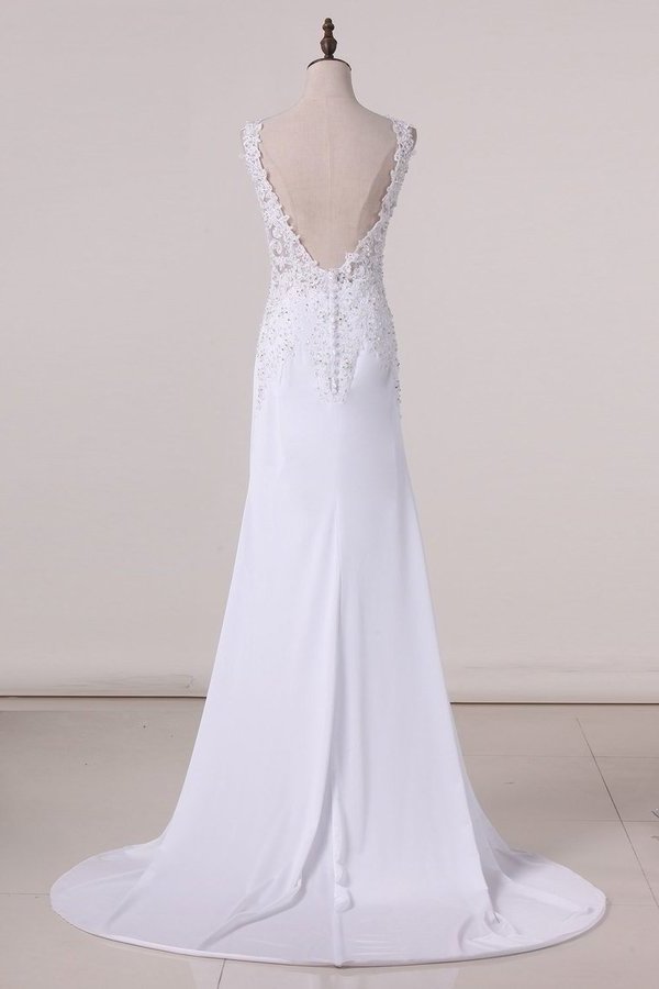 2024 Sexy Open Back V Neck Spandex Wedding Dresses Mermaid With PMTC9K57