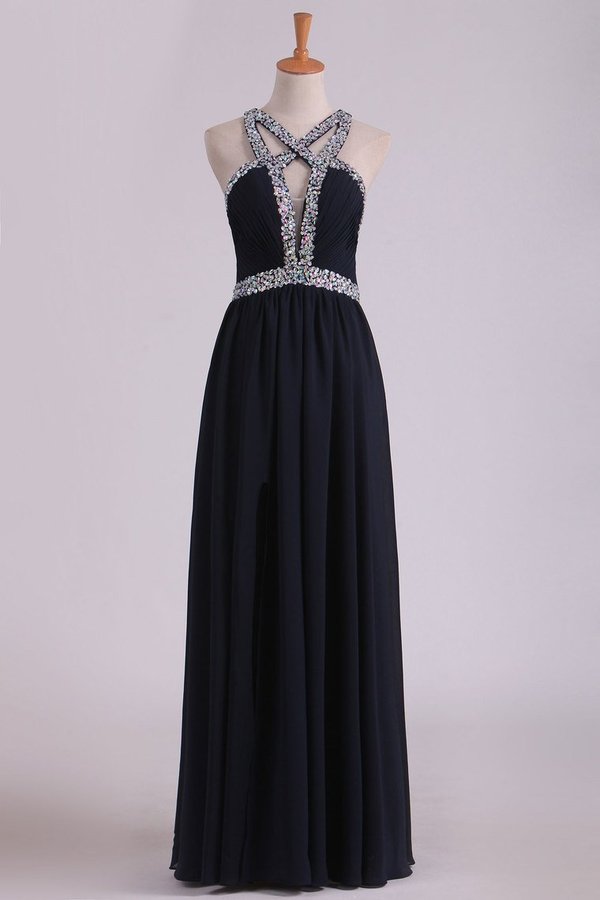 2024 Sexy Open Back A Line Prom Dresses Chiffon With Beads PNYS3R83