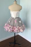 Cute Gray Strapless Tulle Homecoming Dresses with Flowers Short Sweet 16 Dresses STK14971